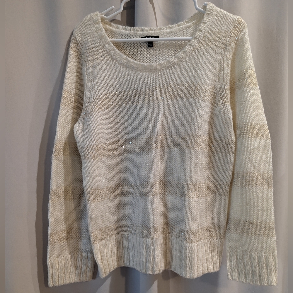 Apt. 9 White Gold Sequin Striped Knit Sweater Scoop Neck Soft Cozy Ribbed Large
